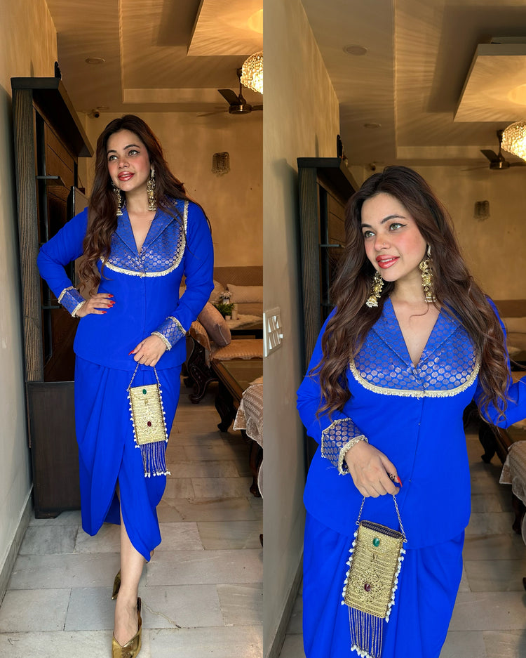 Royal blue silk yoke drape blazer skirt