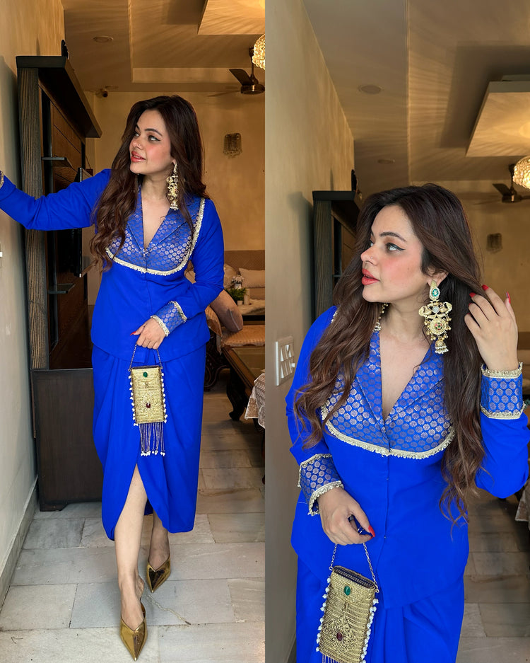 Royal blue silk yoke drape blazer skirt