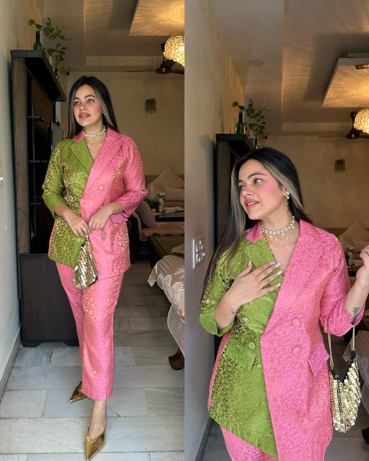 Pink mehendi green silk blazer set