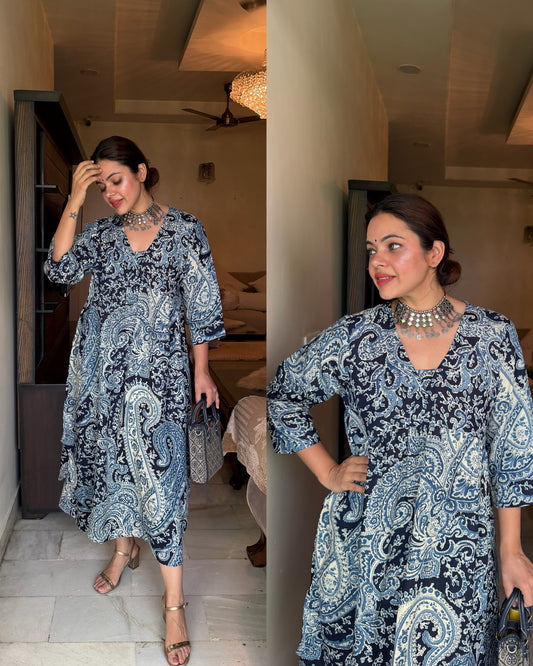 Blue printed culottes kurta set