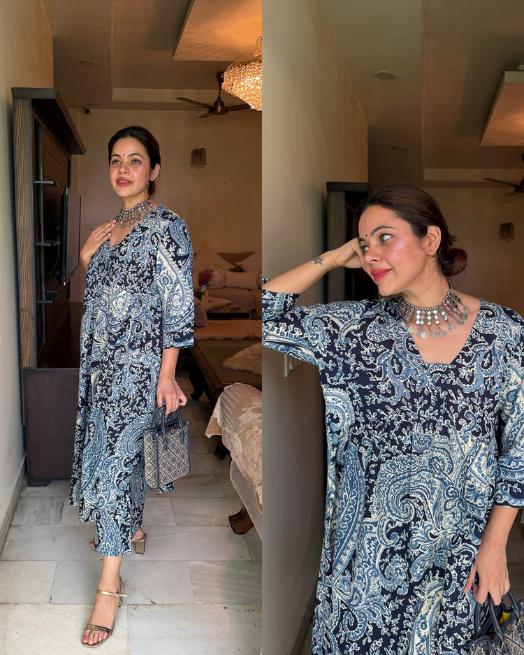 Blue printed culottes kurta set