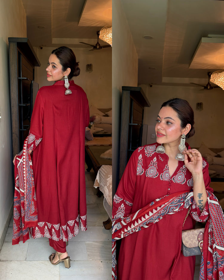 Maroon cotton 3 peice suit
