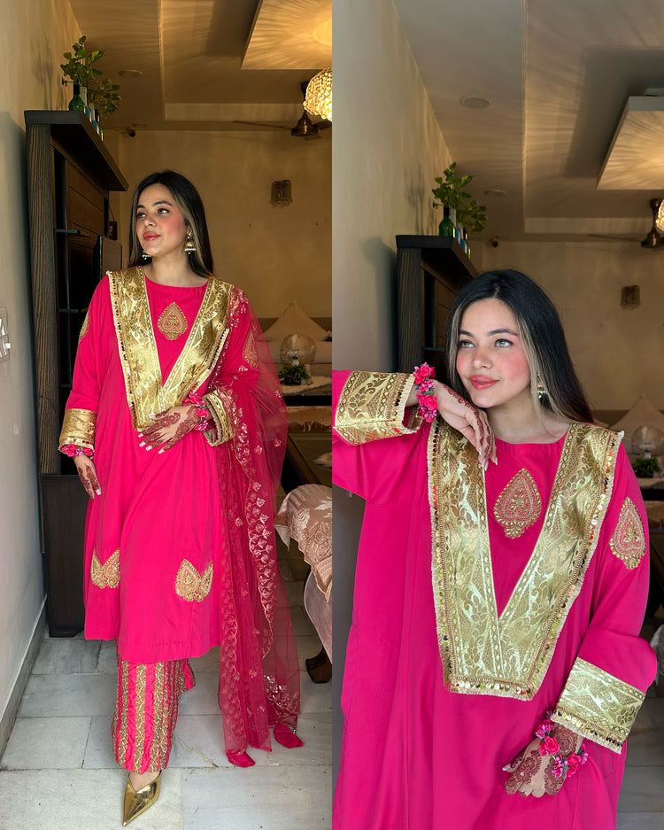 Pink golden embroidered pheran set