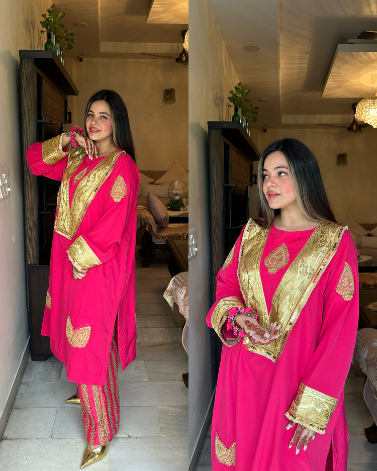 Pink golden embroidered pheran set