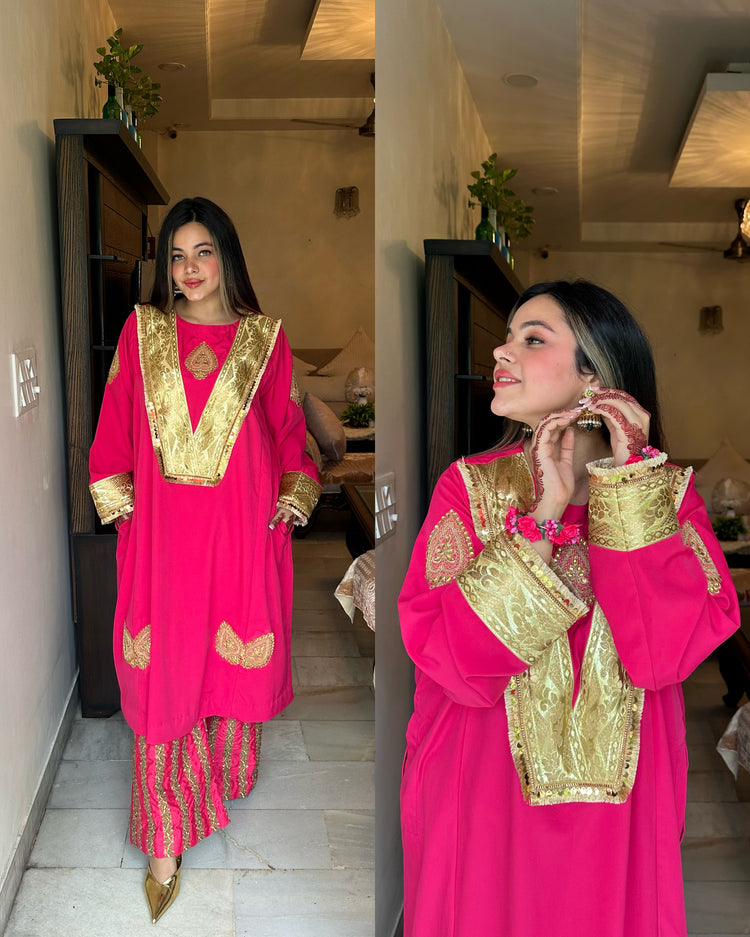 Pink golden embroidered pheran set