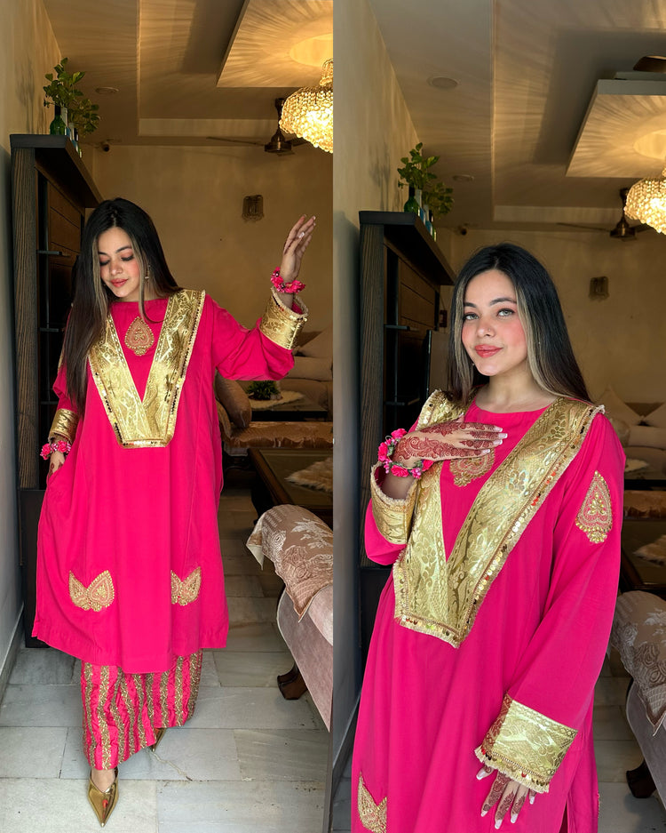 Pink golden embroidered pheran set