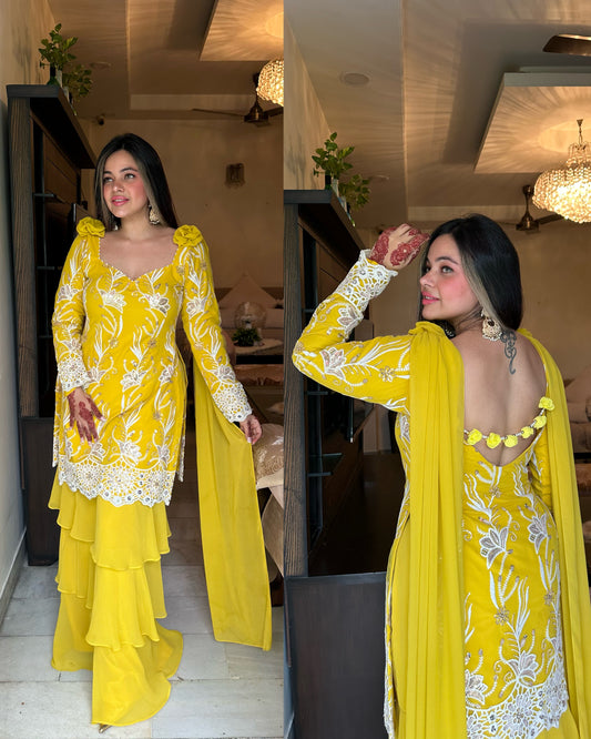 Yellow white embroidered suit with rose hangings