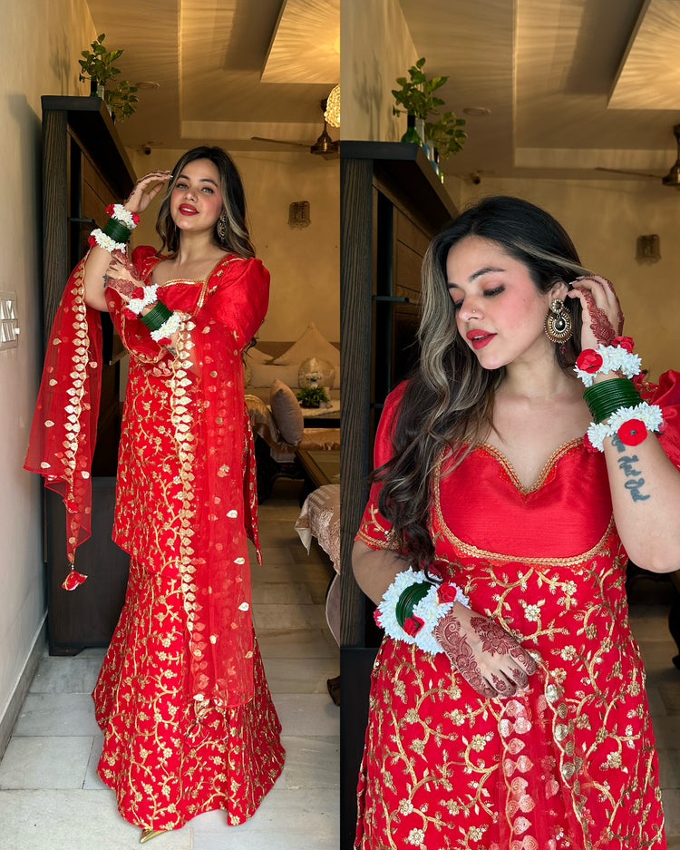 Red taffeta embroidered suit