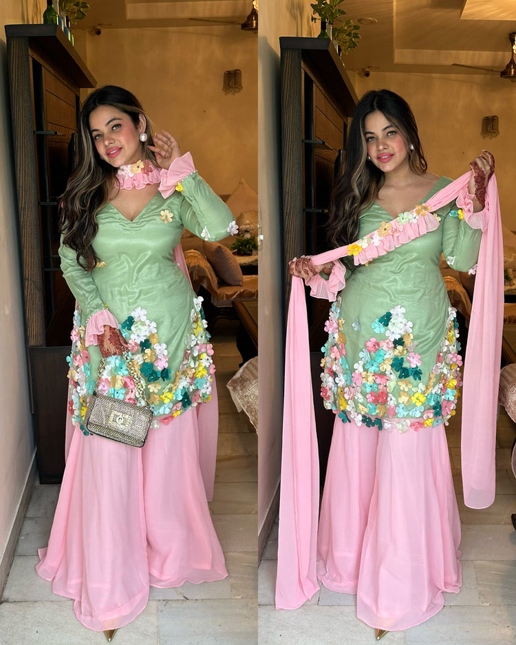 Pink green pastel 3d flower suit