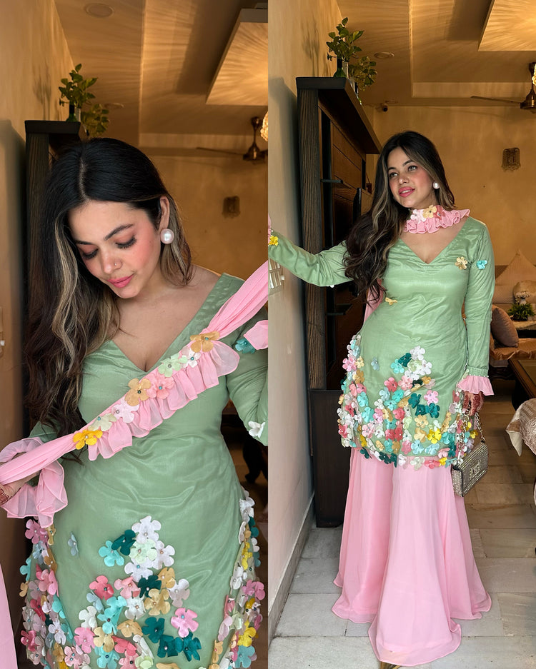 Pink green pastel 3d flower suit