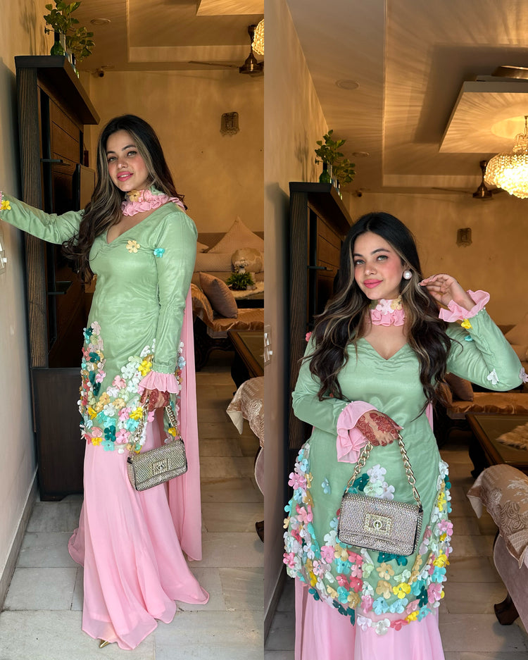 Pink green pastel 3d flower suit