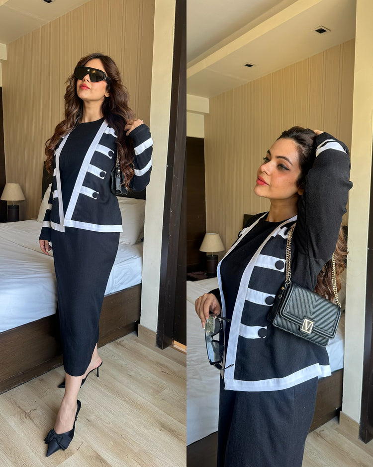 Woollen black n white colorblock jacket set