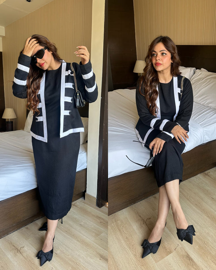 Woollen black n white colorblock jacket set
