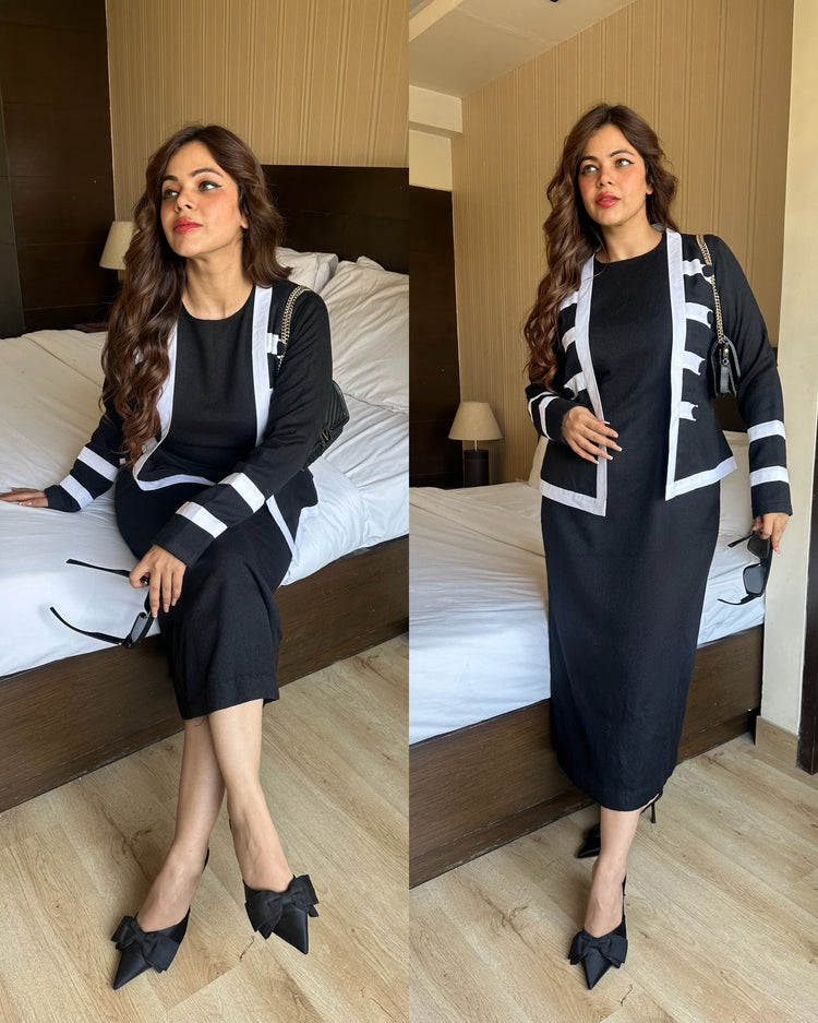 Woollen black n white colorblock jacket set