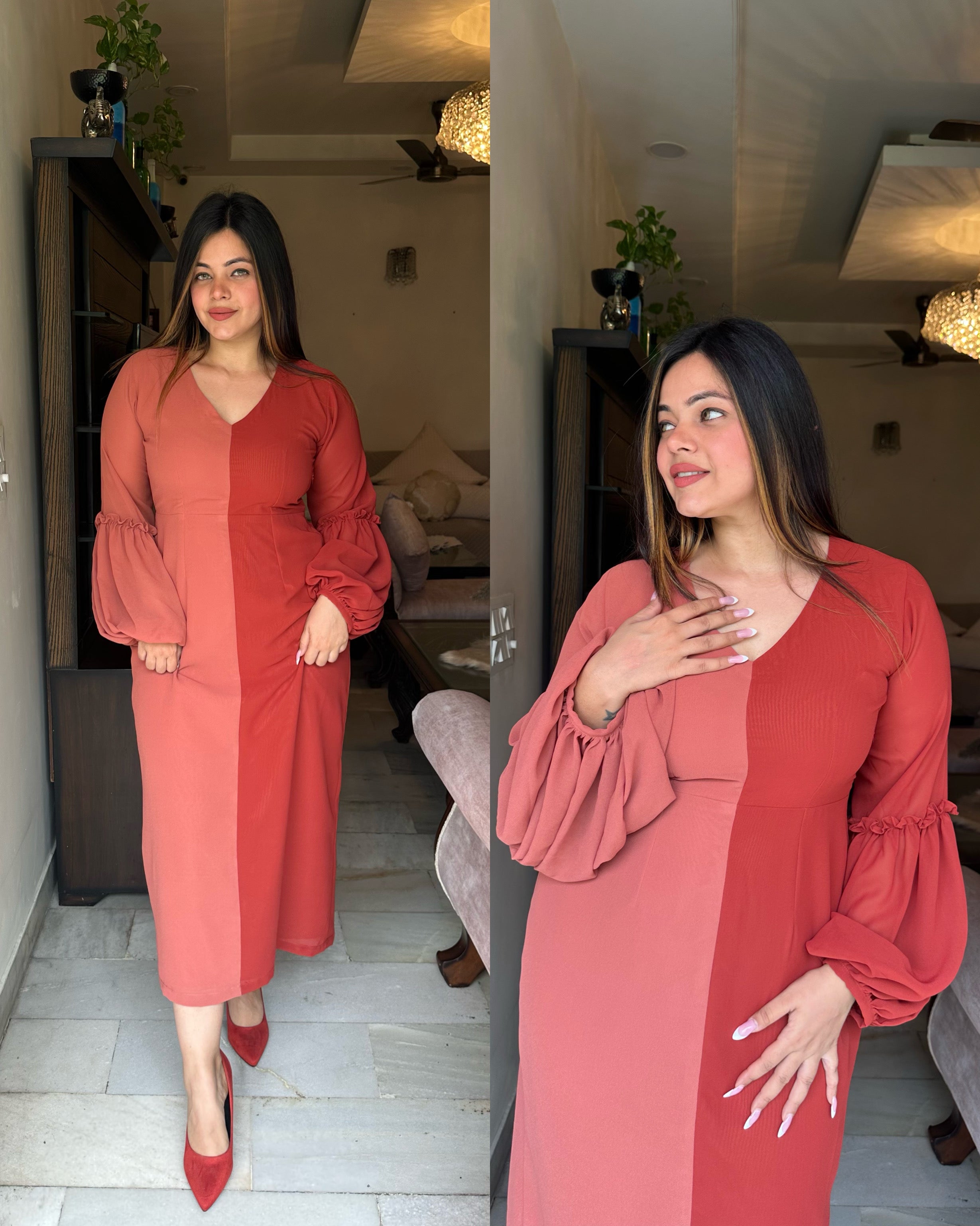 Half half peach rust dress – SRISHTI