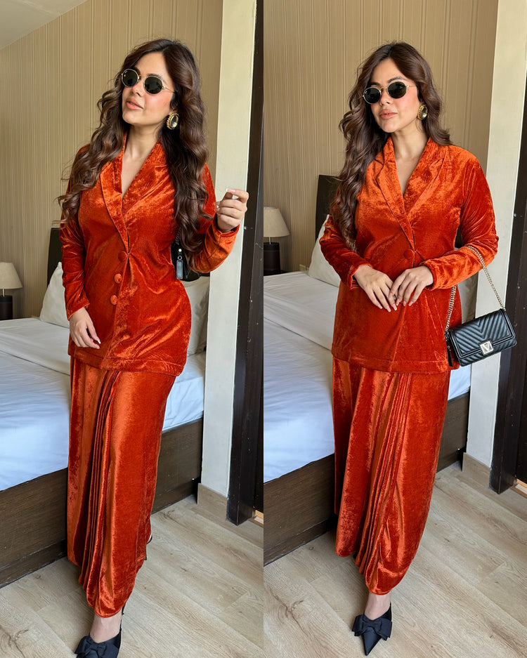 Rust velvet pleated skirt blazer set