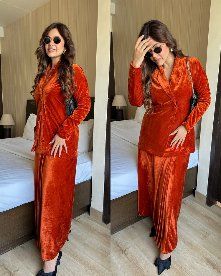 Rust velvet pleated skirt blazer set