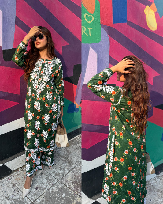 Printed chikankari bottle green set