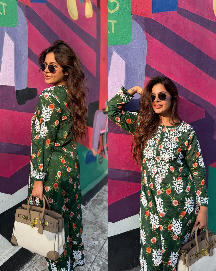 Printed chikankari bottle green set