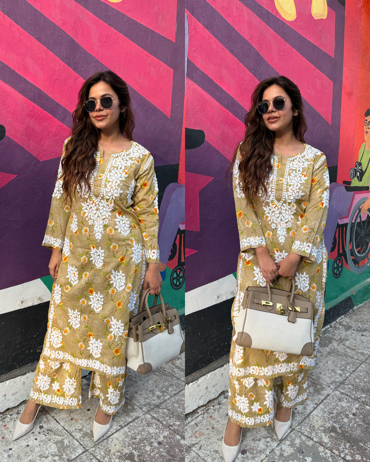 Printed chikankari nude beige set