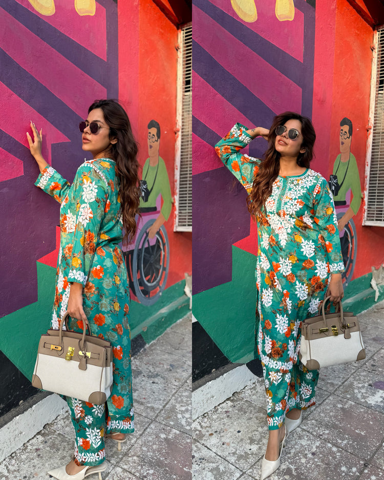 Printed chikankari turquoise set