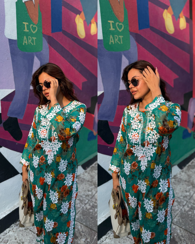 Printed chikankari turquoise set