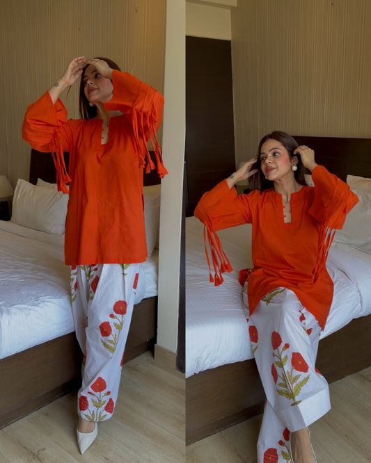 Orange white tassel cotton set