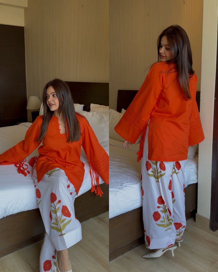 Orange white tassel cotton set