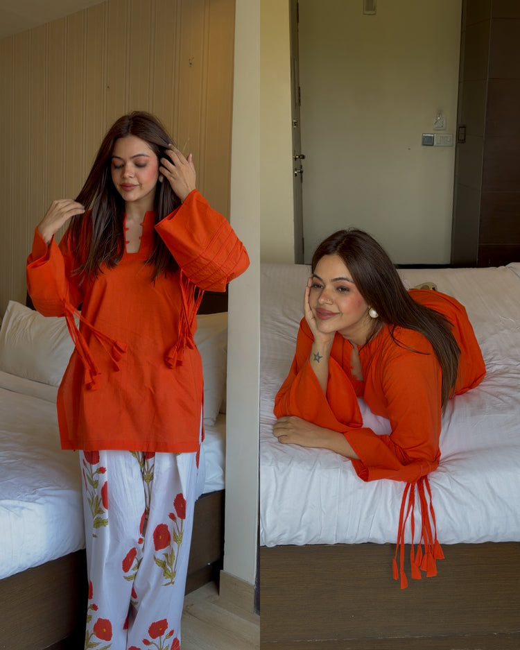 Orange white tassel cotton set
