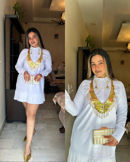 White shirt dress with golden work