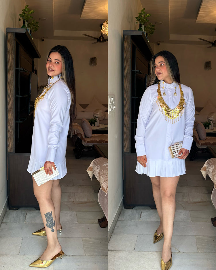 White shirt dress with golden work