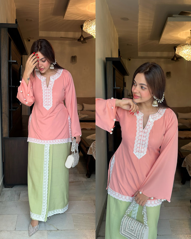 Pastel pink green pleated skirt set