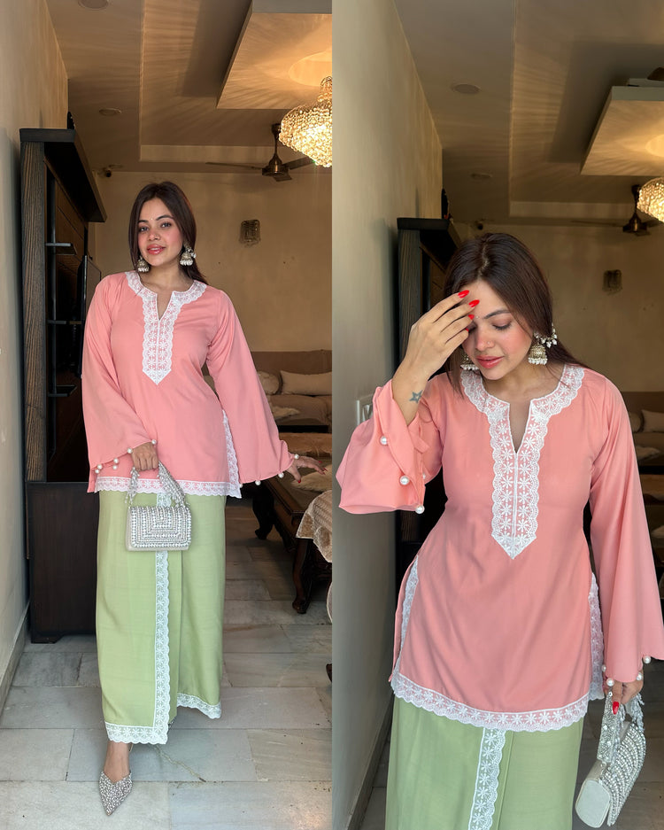 Pastel pink green pleated skirt set