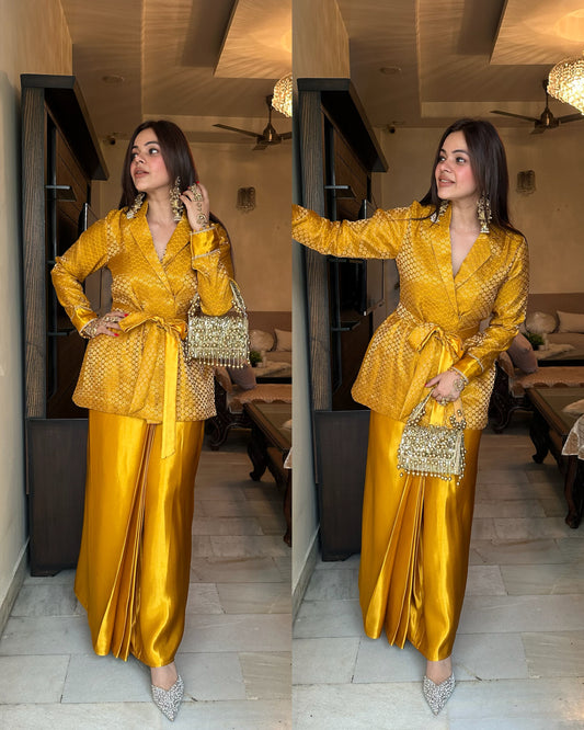 Golden mustard silk blazer skirt set