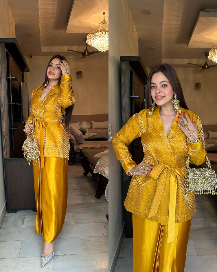 Golden mustard silk blazer skirt set