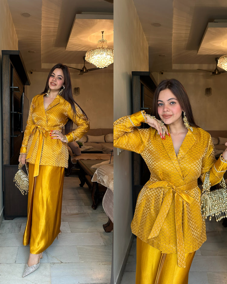 Golden mustard silk blazer skirt set