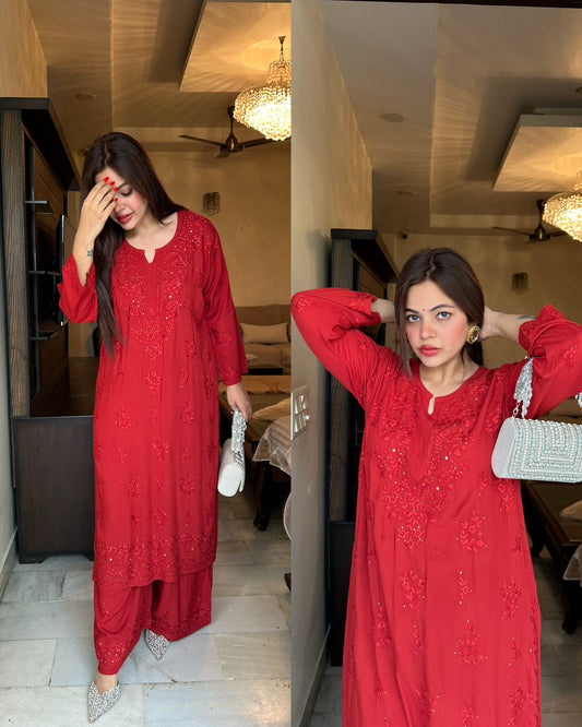 Cherry maroon pure chikankari work set