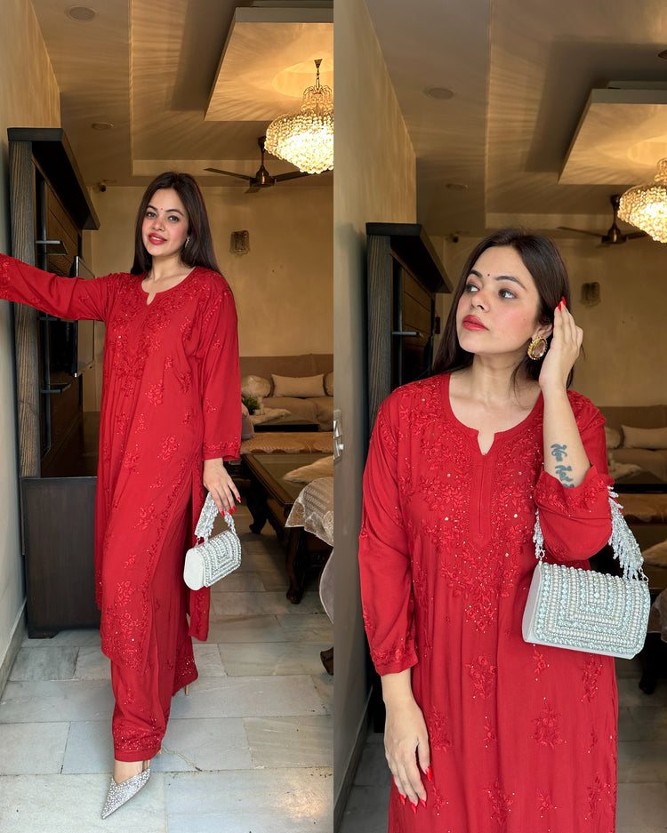 Cherry maroon pure chikankari work set