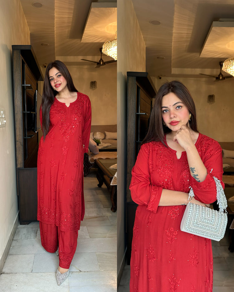 Cherry maroon pure chikankari work set