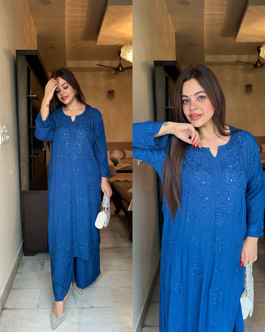 Dark blue mukaish pure chikankari set
