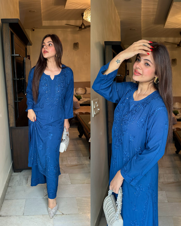 Dark blue mukaish pure chikankari set