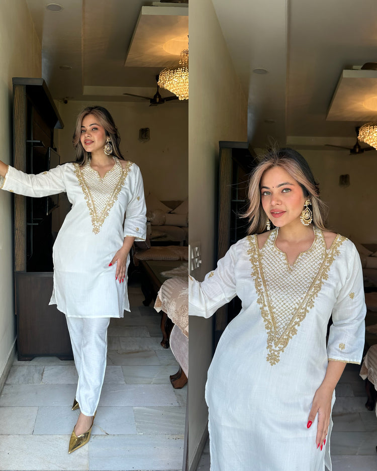 White golden embroidered cotton silk set
