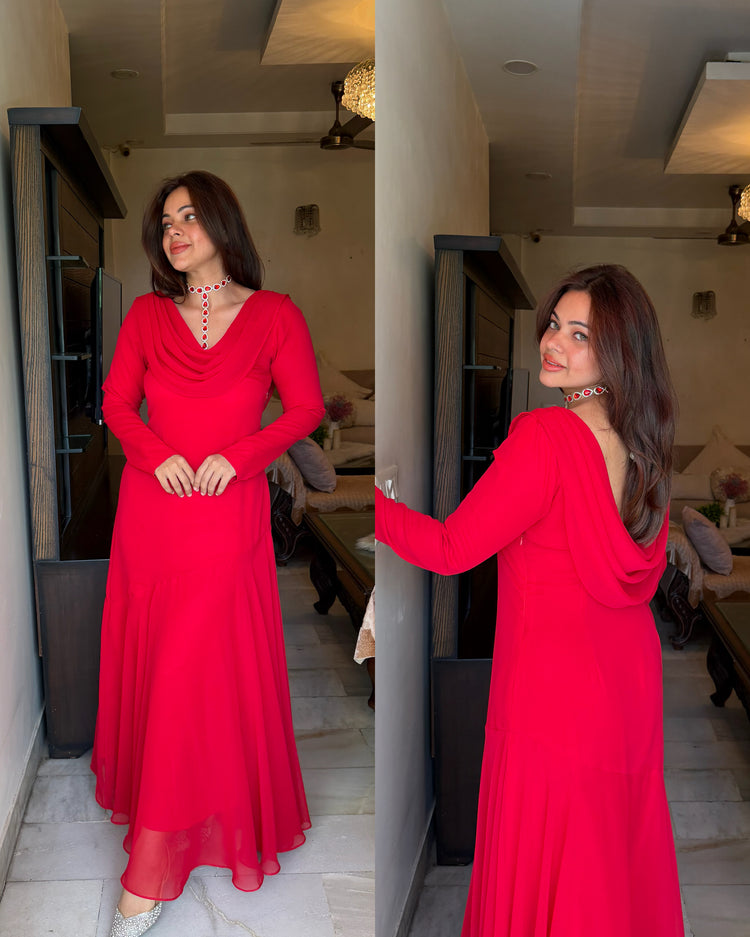 Red cowl gown with crystals accessory