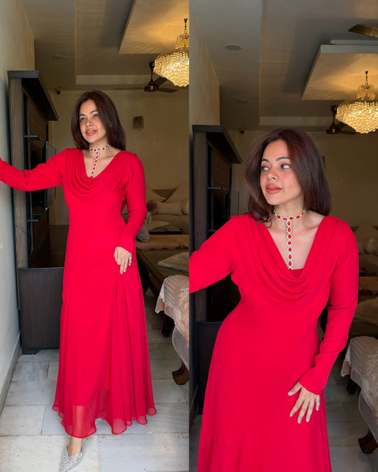 Red cowl gown with crystals accessory