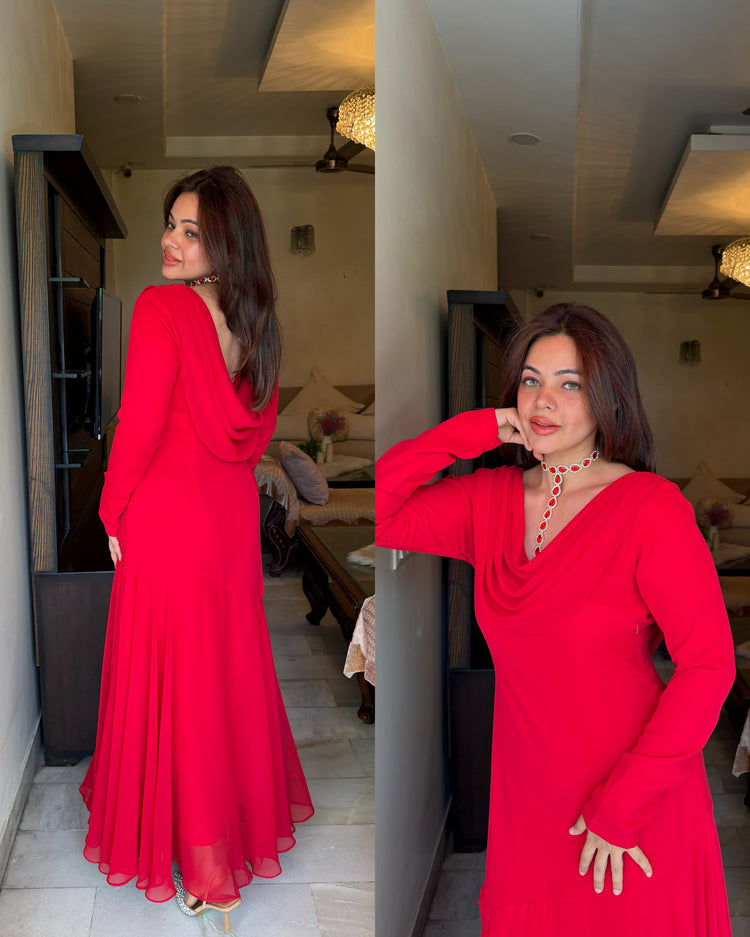 Red cowl gown with crystals accessory