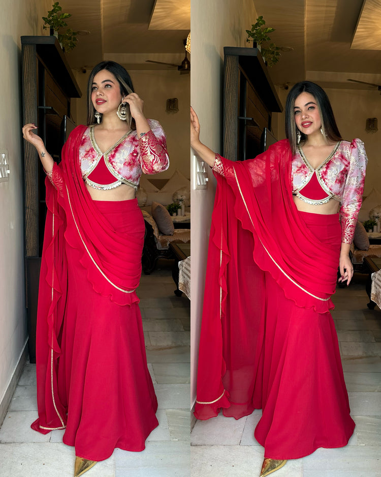 Crimson red pink silk drape saree