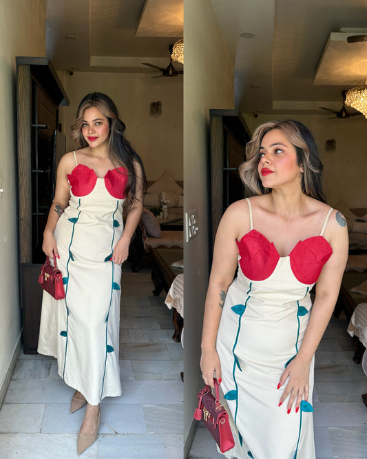 Beige red bud leaves dress