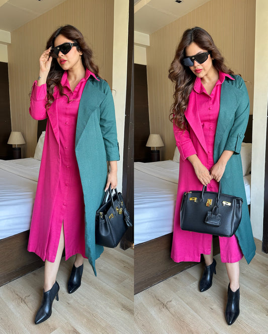 Green pink trench coat and dress set