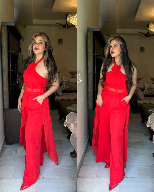 Red flower resort wear set