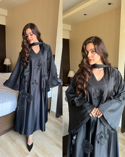 Black 3d flower embroidery gown